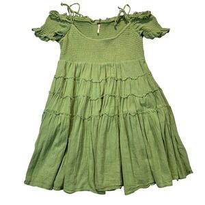 Free People Sage Green Off-Shoulder Smocked Tiered Mini Dress